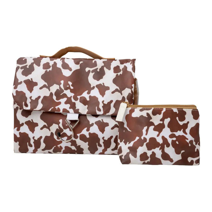 Cow Print Threefold Hanging Wash Bag & Small Makeup Bag Set