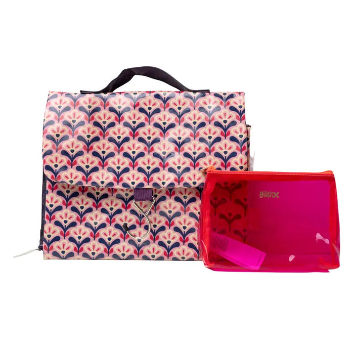 Pink Deco Lily Threefold Hanging Wash and Small Clear Makeup Bag Set