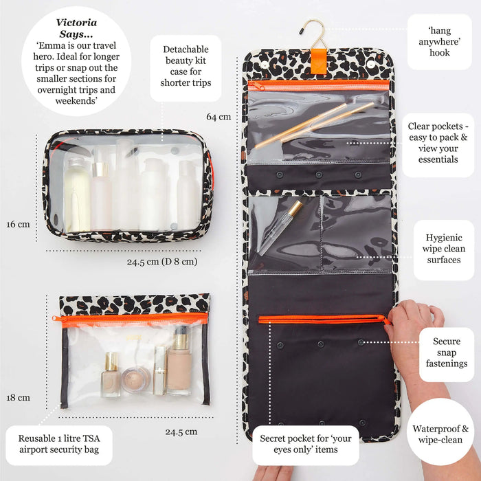 Victoria Green 'Emma' 3 in 1 Hanging Wash Bag in Leopard Print